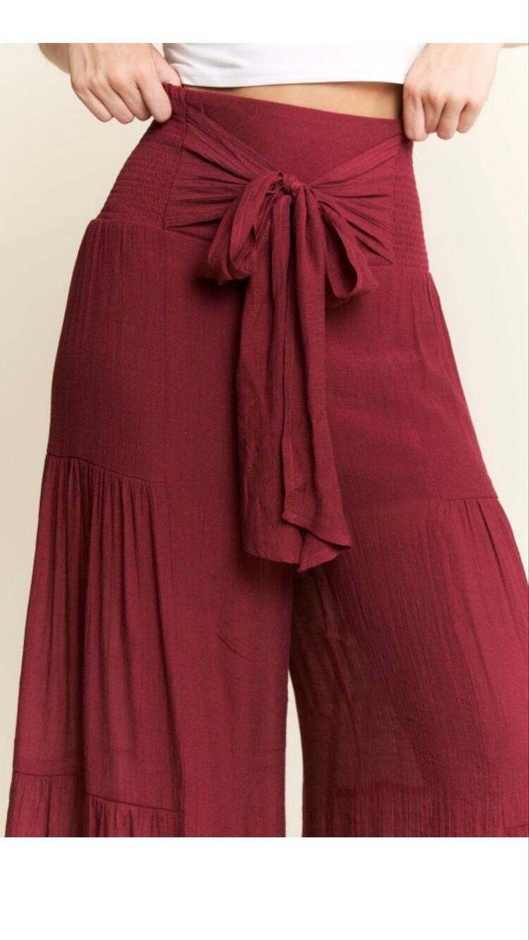 Burgundy Smocked Waist Wide Leg Tie-Front Pants – Size 3X